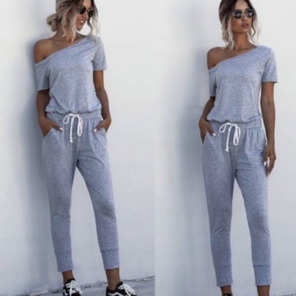 EMILIE Off Shoulder Grey Jumpsuit - Picture 3 of 3